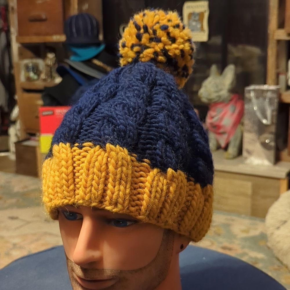 Handmade Vintage thick Knitted wool hat with pom-pom blue & gold